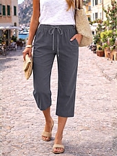 billige Luksuriøse bukser-Dame Capri-bukser Linbukser i bomull kinesisk Sommershorts Ferie Grunnleggende Fritid Kalv lengde Høy Midje عادي Lomme Elastisk midje comfy Komfort Myk Elastisk Daglig utendørs Gate Marineblå Vin