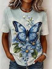 economico Maglietta Animali-Per donna Maglietta Stampato Floreale Grafico Libellula Bohemien Hawaiano Elegante Manica Corta Girocollo Top Regolari Casuale Quotidiano Blu Giallo Rosa Viola Verde Estate Primavera