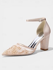 cheap Block Heel Pumps-Women's Champagne Embroidered Block Heel Pumps – Elegant Cocktail Party Dress Shoes