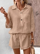 preiswerte Sets-Damen Baumwoll-Leinen-Sets Shorts-Sets Dreiviertelarm Hemdkragen Einfach Mode Lässig Täglich Outdoor Schwarz Weiß Dunkelmarine Sommer Normale Passform