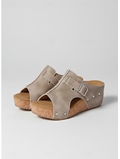 baratos Sandálias plataforma anabela-Sandálias femininas pretas de plataforma com tachas - modelo casual com fivela e sola de cortiça, ideais para passeios no parque, brunch, compras e encontros em terraços.