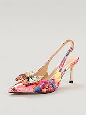 abordables sapatos slingback-Women's Vibrant Multi-Color Slingback Heels - Stylish Pointed Toe Pumps with Decorative Bow Knot &amp; Neon Accents for Daily Street Fashion, Chic Work Outfits &amp; Summer Socials
