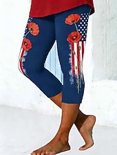  Mujer Chinos Polainas Vacaciones Moda Ropa de calle Capris Alta cinturaPantsDía de la Independencia Americana Floral Graphic Bandera estadounidense Estampado Comodidad Suave Cómodo Elástico Diario
