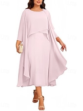 cheap Mom's Dress Sets-Two Piece A-Line Tea Length Wedding Guest Dress Mother of the Bride Dress 3/4 Length Sleeve Jewel Neck Elegant Vintage Wedding Party Chiffon with Beading