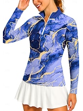 preiswerte Damenbluse-Damen Marmor Golf-Poloshirt Tennis Shirt Tennis-T-Shirt Langarm Druck Viertel Postleitzahl Pullover UV Schutz Elastisch Atmungsaktiv Volleyball Tennis Golfspiel Stehkragen Reißverschlusskragen Hemd