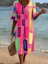 abordables Robes Rayés et Géométriques-Femmes Robe Midi Robe d'Été Robe Décontractée Robe trapèze Élégant Vacances Occasionnel Plage Fête Coupe Ample Graphique Géométrique Manche Courte Col en V Bleu Rose Claire Violet Vert Été Printemps