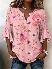 voordelige Bloemen Blouses-Dames Blouse Ruche Afdrukken Bloemig Grafisch Vakantie Dagelijks Retro vintage 3/4 mouw V-hals Normale tops Casual Dagelijks Feestdagen blauw Geel Blozend Roze Paars Zomer Lente