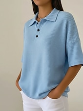  בגדי ריקוד נשים חולצת וופל צבע אחיד אלגנטית פעיל חופשה חצי שרוול צווארון V חולצות ארוכות יומי בָּחוּץ לבוש רחוב לבן אודם כחול סקיי כתום שחור קיץ אביב סתיו