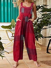 preiswerte Overalls &amp; Einteiler für Frauen-Damen Hose aus Baumwollleinen Mode Volle Länge Hohe Taille Karomuster Stilvoll Schnalle Drucken Atmungsaktivität Weich Mikroelastisch Lässig Täglich Heim Blau Hellgrünkaffee Weinrot Sommer Frühling