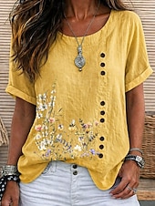 baratos Camiseta floral-Women's Blouse Buttons Floral Graphic Elegant Vintage Daily Short Sleeve Crew Neck Regular Tops Casual Daily Holiday Blue Grass Green White Yellow Pink Summer Spring