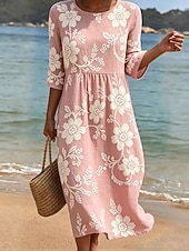 cheap Floral Dress-Women's Midi Dress Sundress Summer Dress Vacation Casual Boho Holiday Regular Fit Floral Graphic 3/4 Length Sleeve Crew Neck Blue Pink Purple Green Summer Spring