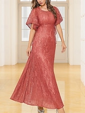 billige Gulvlengde-A-Linje Gulvlengde Bryllupsgjestkjole Formelle Kjoler Kveldsdrakt Mor til bruden Kjole Kortermet Rundhals Elegant Vintage Fest Blonde med Blonde