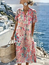 preiswerte Blumenkleider-Damen Midikleid Sommerkleid Freizeitkleid Urlaub Lässig Strand Strand Lässiger Schnitt Blumen Grafik Kurzarm V Ausschnitt Blau Gelb Rosa Purpur Sommer Frühling