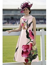 cheap Tea Length-A-Line Tea Length Derby Dress Mother of the Bride Dress Sleeveless Bateau Neck Elegant Vintage Kentucky Derby Satin with Flower Print
