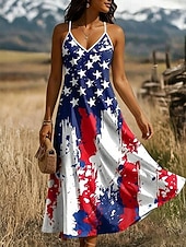  Amerykański Dzień Niepodległości Damskie Sukienka maxi Sukienka A line Sukienka na ramiączkach Urlop Codzienny Plaża Wyjściowe Regularny Graficzny Gwiazdy i paski Bez rękawów W serek Niebieski