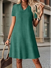 abordables Robe blanche-Femmes Robe Longueur Genou Robe Décontractée Robe T-Shirt Robe d'été Basique Classique Quotidien Vacances Coupe régulière Uni Manche Courte Col en V Bleu Vert foncé Orange Vert Été Printemps