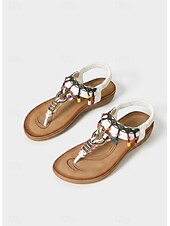 preiswerte Flache Sandalen-Braune Damen-Sandalen im Boho-Stil mit T-Riemen und bunten Perlenanhängern – Vintage-Ethno-Stil, bequeme flache Schuhe für Strandurlaube und Sommerresorts