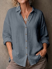 お買い得  エッセンシャルフェイクシャツ-女性用 シャツ ブラウス フェイクリネンシャツ 純色 ベーシック カジュアル 長袖 ラペル レギュラートップス カジュアル 日常 ブルー ブラック ホワイト イエロー ピンク 夏 春