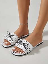 cheap Slide Sandals-Women's Polka Dot Bow Slide Sandals – Cute Pearl Bow Slip-On Flats, Casual Chic Slippers for Poolside, Hotel Resort &amp; Summer Holiday