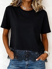 billige Plain t-skjorte-Dame 100% قطن Kontrast blonder Stilfull Klassisk Kortermet Crew-hals Vanlige topper Avslappet Svart Hvit Sommer Vår