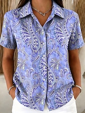 Χαμηλού Κόστους Τέχνη &amp; Σχεδίαση Μπλούζες-Γυναικεία Πουκάμισο Κουμπιά Στάμπα Γραφική Λαχούρι Βίντατζ Στυλάτο Μοντέρνα Κοντομάνικο Κολάρο Πουκαμίσου Κανονικά μπλουζάκια Causal Καθημερινά Θαλασσί Κίτρινο Ανθισμένο Ροζ Βαθυγάλαζο Βυσσινί