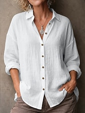 お買い得  エッセンシャルフェイクシャツ-女性用 シャツ ブラウス フェイクリネンシャツ 純色 ベーシック カジュアル 長袖 ラペル レギュラートップス カジュアル 日常 ブルー ブラック ホワイト イエロー ピンク 夏 春