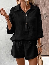 preiswerte Sets-Damen Baumwoll-Leinen-Sets Shorts-Sets Dreiviertelarm Hemdkragen Einfach Mode Lässig Täglich Outdoor Schwarz Weiß Dunkelmarine Sommer Normale Passform