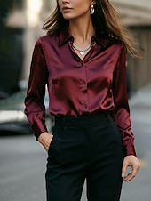 ieftine Bluze simple-Pentru femei Cămașă Cămașă cu nasturi Cămașă casual Bluză Nasturi Culoare solidă Stilat De Bază Clasic Manșon Lung Guler Cămașă Topuri obișnuite Zilnic Concediu Ieșire Roșu Vin Maro Trifoi Gri Var