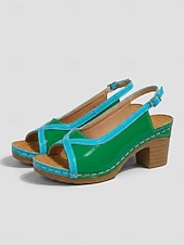 economico Sandali con tacco-Sandali da donna color block con punta aperta e cinturino posteriore e tacco a blocco – comodi sandali estivi in pelle verniciata con tacco, ideali per vacanze, feste in giardino, viaggi e per l'uso