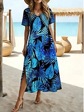 abordables Vestidos florales-Mujer Vestido maxi Vestido de una línea Vestido de verano Vacaciones Casual Playa Ajuste regular Floral Graphic Manga Corta Escote en Pico Azul Piscina Azul Oscuro Verano Primavera