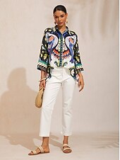 preiswerte Blusen-Bluse aus seidigem Satin mit Vogel- und Blumenmuster und Dolmanärmeln