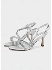 cheap Heeled Sandals-Women's Silver Strappy Slingback Sandals with Rhinestone Detailing – Sparkly Open Toe Kitten Heels for Cocktail Evenings and Wedding Receptions
