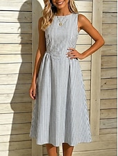 abordables Robe Rayée et Géométrique-Femmes Robe Midi Robe Décontractée robe rayée Robe trapèze Élégant Mode Quotidien Vacances Coupe régulière Rayé Sans manches Col ras du cou Bleu Noir Jaune Rose rouge Été Printemps
