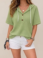  בגדי ריקוד נשים חולצה חולצת וופל טלאים כפתורים צבע אחיד אחיד אלגנטית מסוגנן קלסי ללא שרוולים שרוולים קצרים עם קפוצ'ון חולצות רגילות קזו'אל יומי חגים ירוק בהיר ורוד מסמיק סגול בהיר כחול בהיר