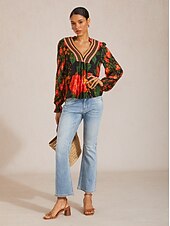 preiswerte Hemden, Tops und Blusen-Midikleid aus floraler Spitze mit V-Ausschnitt und Puffärmeln