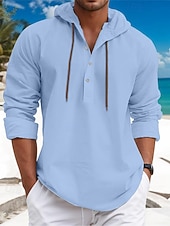 economico Vacanza-Per uomo Camicia camicia di lino Camicia in calicò Camicia estiva Abbigliamento mare Liscio Da mare Curise Bianco Blu Marrone Verde Manica lunga Con cappuccio Primavera estate Abbigliamento