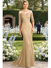 tanie Suknie wieczorowe syrenki-Syrena Tren sweep Suknia Suknia wieczorowa Sukienka dla matki panny młodej Rękaw 1/2 Łódeczka Elegancja Formalny Gość weselny Koronka Tiul z Haft nakładany