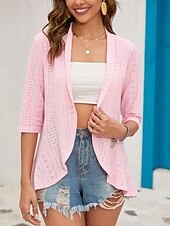 זול ז'קטים מזדמנים-בגדי ריקוד נשים ז'קט קז'ואל נוח נושם לגזור יום יומי אחיד חופשה רחוב לבוש יומיומי ליציאה חזית פתוחה רגיל ללא צווארון רגיל שרוול 4\3 הלבשה עליונה שחור לבן ורוד מסמיק אביב סתיו