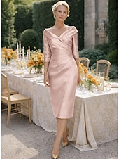 رخيصةأون طول الشاي-عامودي طول الساق فستان الحفلة فستان كوكتيل فستان زفاف ضيف فستان أم العروس نصف كم V رقبة أنيق عتيق فاخر رسمي ضيف حفل زفاف ساتان فساتين الجاكيتات مع طيات