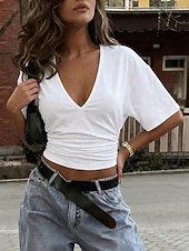 preiswerte Einfarbiges T-Shirt-Damen 100% Baumwolle Sommeroberteile Vintage Stilvoll Kurzarm V Ausschnitt Crop Tops Lässig Schwarz Weiß Sommer Frühling