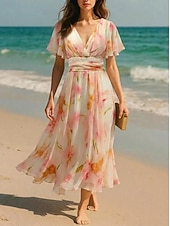 abordables Vestidos florales elegantes-Mujer Vestido maxi Vestido de raso Vestido de flores Vestido Estampado Elegante Moda Moderno Diario Exterior Vacaciones Ajuste regular Floral Manga Corta Escote en Pico Rosa Verano Primavera