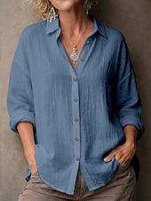 お買い得  エッセンシャルフェイクシャツ-女性用 シャツ ブラウス フェイクリネンシャツ 純色 ベーシック カジュアル 長袖 ラペル レギュラートップス カジュアル 日常 ブルー ブラック ホワイト イエロー ピンク 夏 春