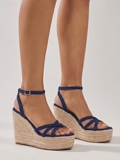 abordables Sandalias de cuña-Sandalias de cuña tipo alpargata para mujer, sandalias de plataforma con tiras y hebilla en el tobillo, zapatos bohemios de verano para la playa, cruceros y vestidos.