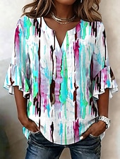 cheap Art&amp;Design Blouses-Women's Blouse Ruffle Print Graphic Geometric Vacation Daily Retro Vintage 3/4 Length Sleeve V Neck Regular Tops Casual Daily Holiday Blue Purple Orange Green Summer Spring