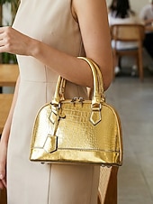 abordables Bolsos de mano y tote-Conjunto de tres bolsos de mujer de piel sintética charol con relieve de cocodrilo, bolso bandolera multicolor con asa superior y correa ajustable, monedero y tarjetero para viajes y uso casual.