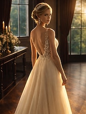 abordables Robes Longues &amp; Gowns-Ligne A Longueur au sol Robes de Bal Éclat &amp; Brillance Dos Nu Sans manches Col en V Bal de promo Formel Tulle Dos en V avec Perlage Appliques