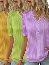  3er-Pack Damenblusen, T-Shirts, Oberteile mit Strukturmuster, Spitze, Patchwork, schlicht, modisch, stilvoll, klassisch, Kurzarm, V-Ausschnitt, normale Oberteile, lässig, für Alltag, Strand, Weiß + Fuchsia + Gelb