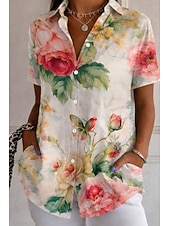 cheap Floral Blouses-Women's Shirt Button Down Shirt Casual Shirt Summer Tops Buttons Print Floral Graphic Vintage Stylish Modern Sleeveless Short Sleeve Shirt Collar Regular Tops Daily Green / Blue Pink Rainbow Summer