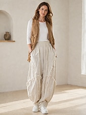 cheap Premium Linen Collection-70% Linen Women's Linen Pants Chinos Summer Pants Bloomers Vacation Streetwear Basic Full Length Medium Waist Plain Pocket Elastic Waistband Inelastic Daily Outdoor rice white Coffee Fall Winter