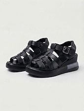 preiswerte Gladiator-Sandalen-Schwarze Gladiator-Plateausandalen für Damen – verstellbarer Riemen im römischen Stil, leichte Keilsohle, bequemer Sommerschuh zum Spazierengehen und Reisen &amp;Alltagskleidung